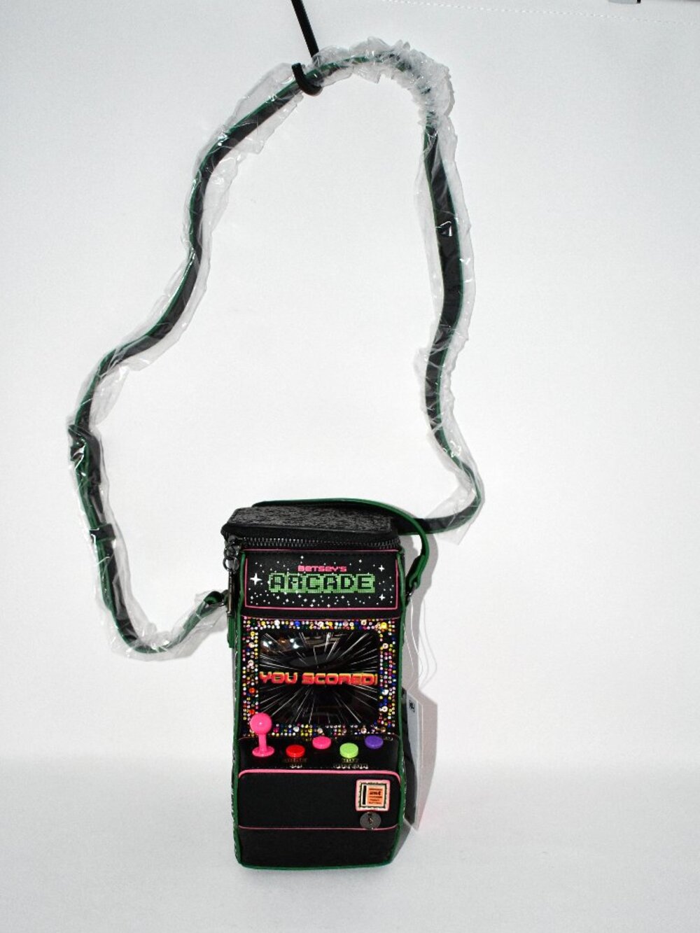 Betsey Johnson Scored Arcade Novelty Crossbody Bag Black/Multi #BJ38295M NWT Det
